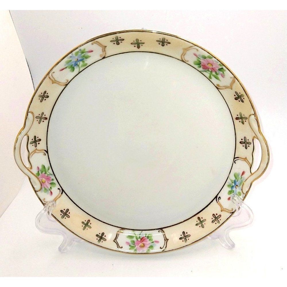 Antique Nippon Japan Round Platter Plate w/ Handles Floral Hand Painted 7"